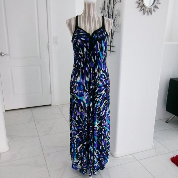 Racerback Stretch Jersey Maxi Dress Bold Print Turquoise Purple Black Olive 6 - Picture 2 of 14